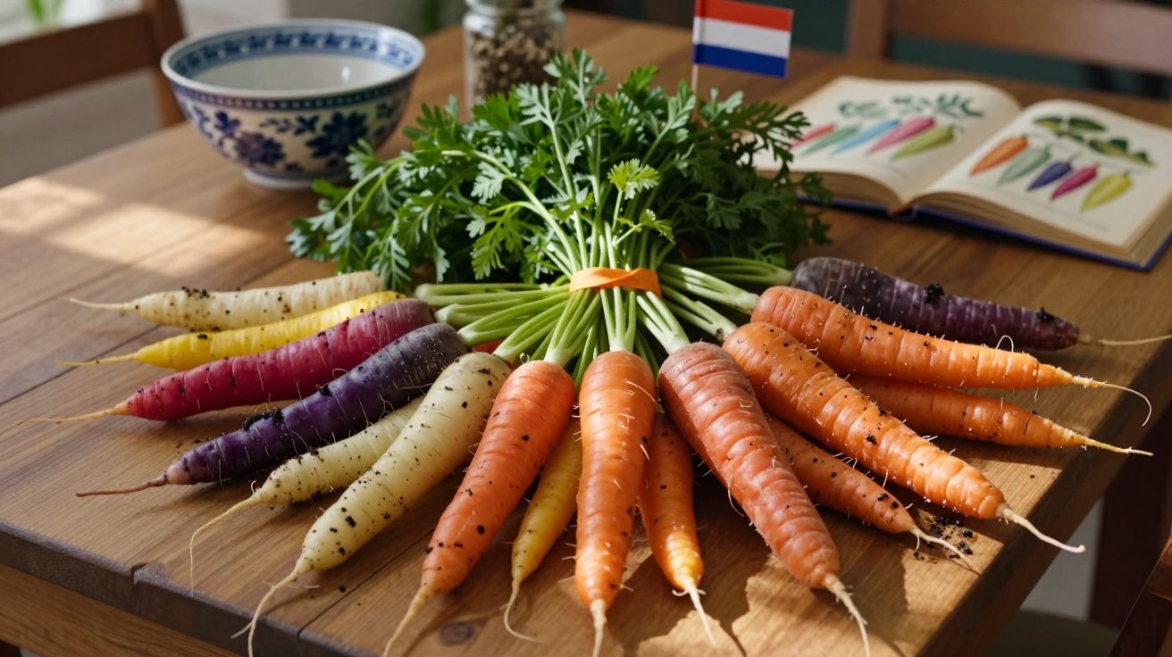 Várias cenouras de diferentes cores organizadas em leque sobre uma mesa de madeira com folhas verdes no centro.