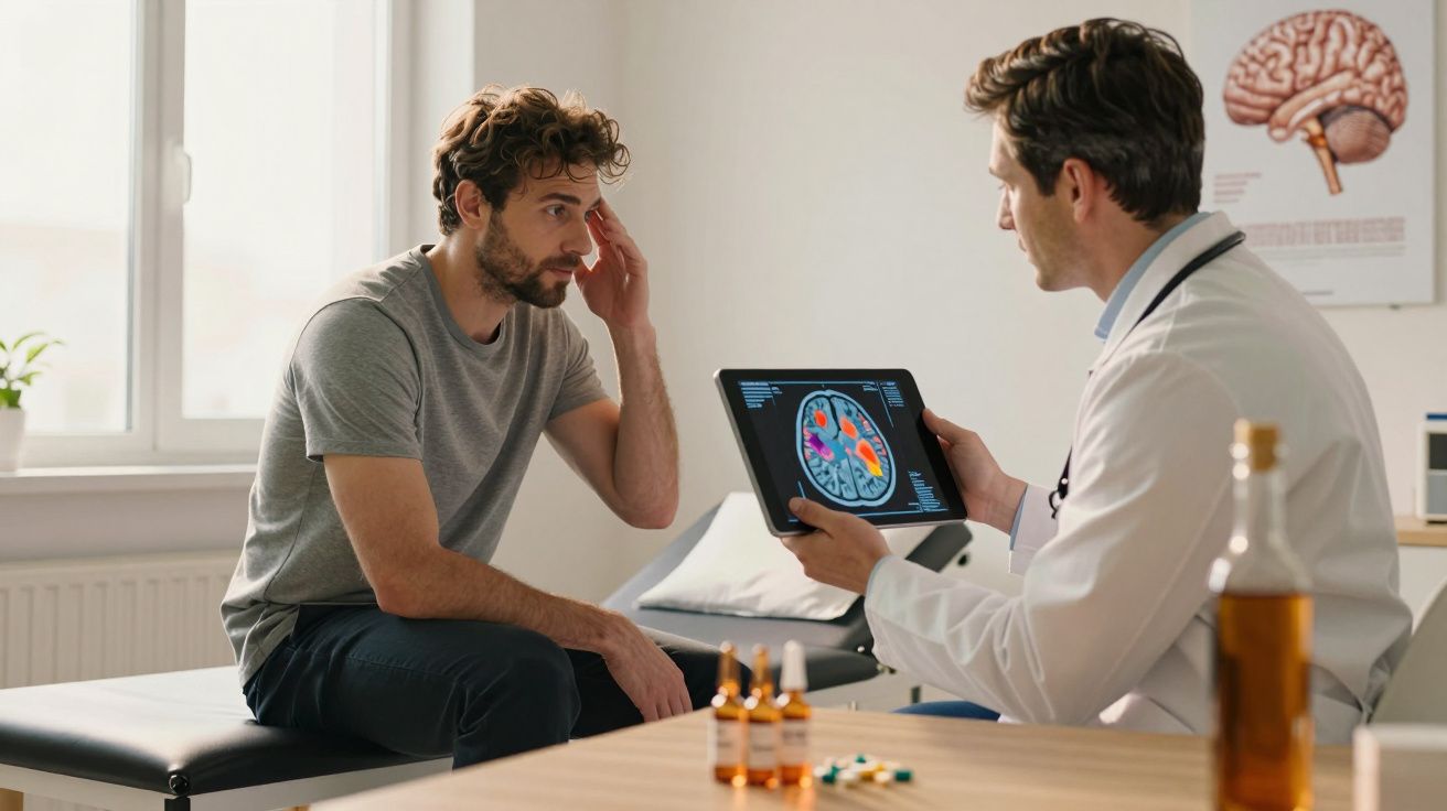 Médico mostra exame cerebral num tablet a paciente preocupado numa consulta numa clínica.