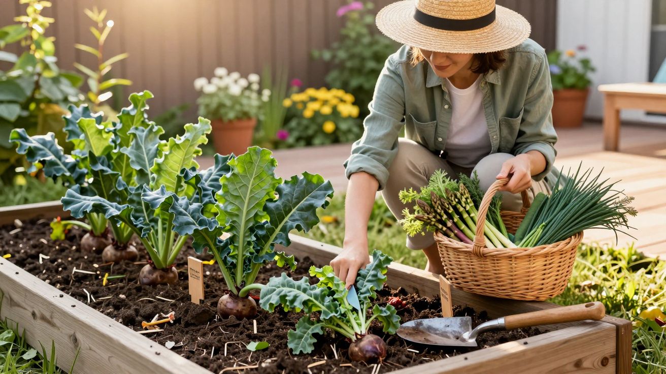 Mulher com chapéu colhe legumes frescos numa horta urbana com cesta e ferramentas de jardinagem.