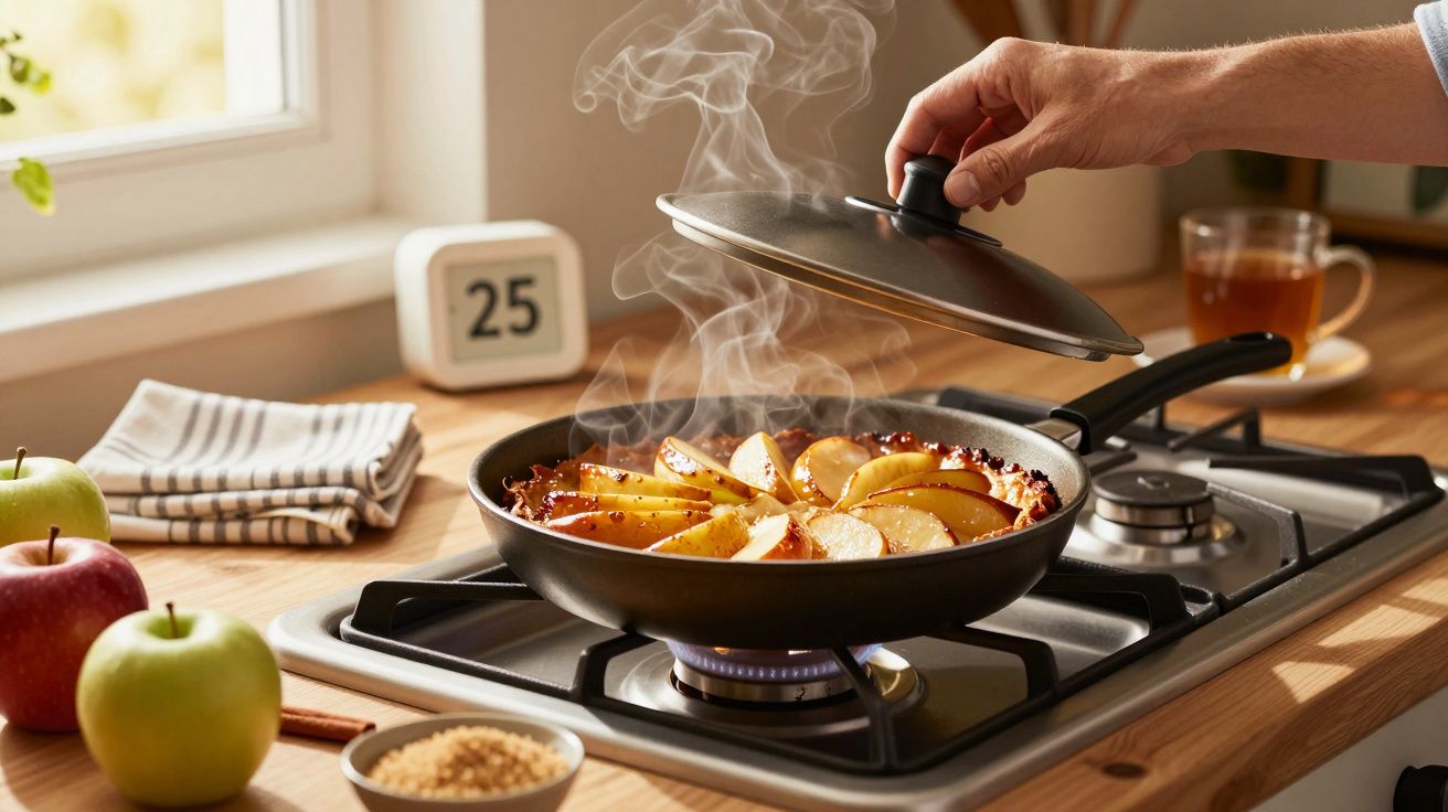 Mão a levantar tampa de frigideira com maçãs fatiadas a cozinhar no fogão a gás numa cozinha iluminada.