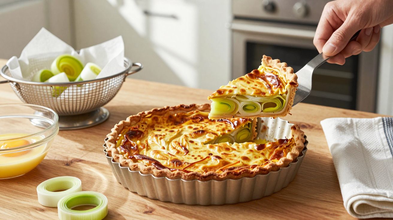 Tarte de alho-francês com queijo a ser servida numa cozinha, sobre bancada de madeira.
