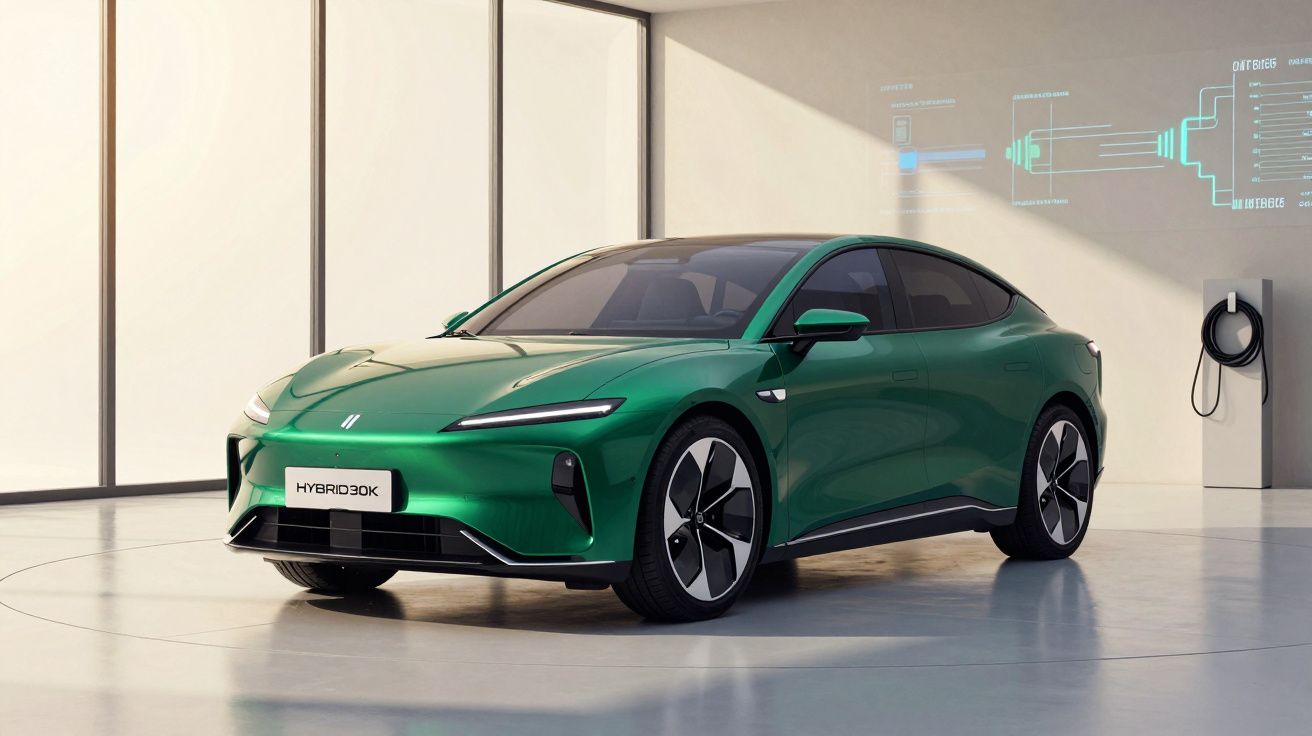 Carro elétrico verde moderno estacionado numa garagem minimalista com carregador mural.