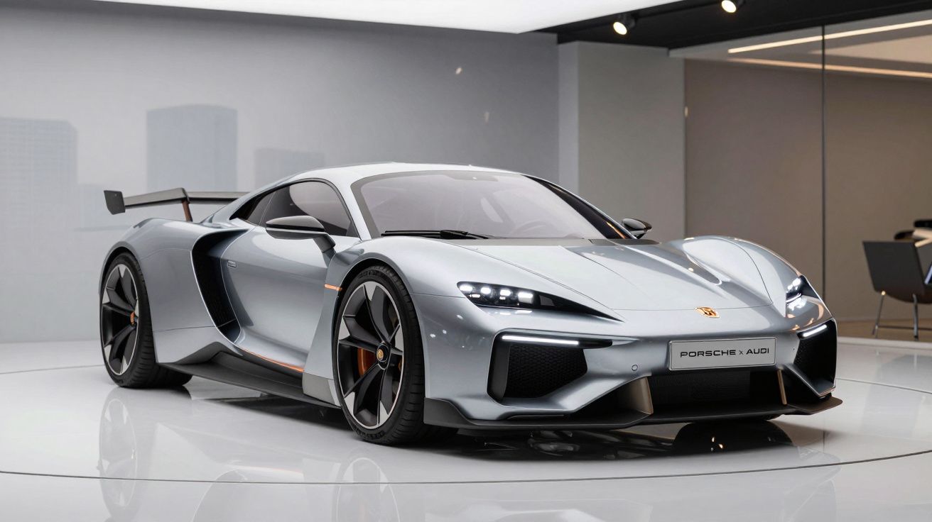 Carro desportivo cinza prateado Porsche x Audi exibido em ambiente interior moderno e minimalista.