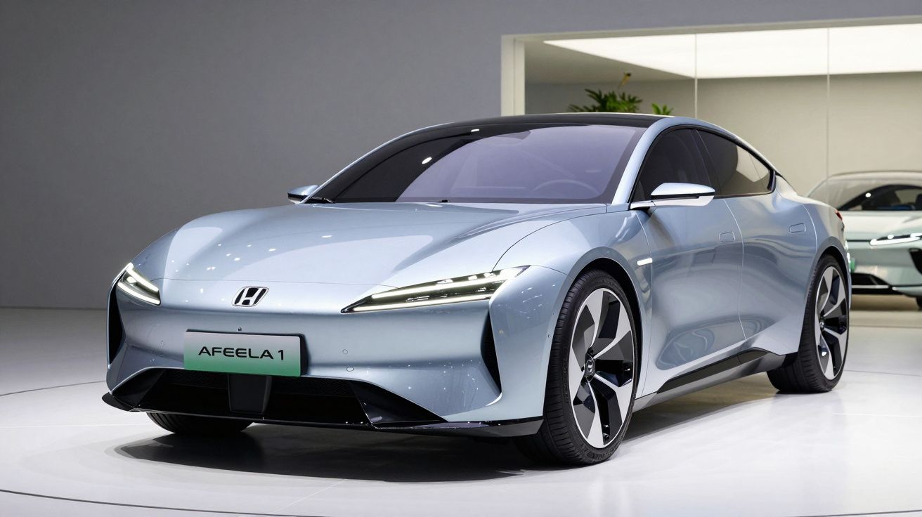 Carro elétrico Honda Afeela 1 cinzento prateado em exposição num salão moderno.