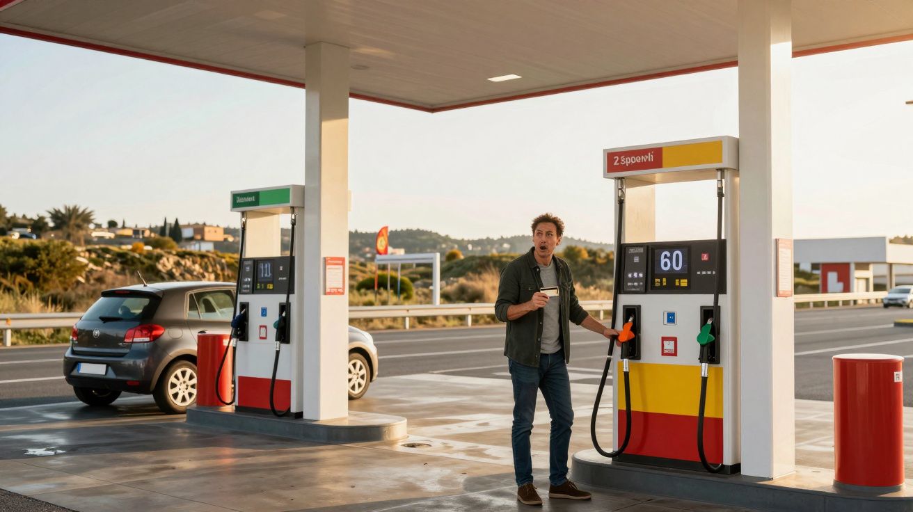 Homem surpreendido com um café na mão enquanto reabastece o carro numa bomba de gasolina.
