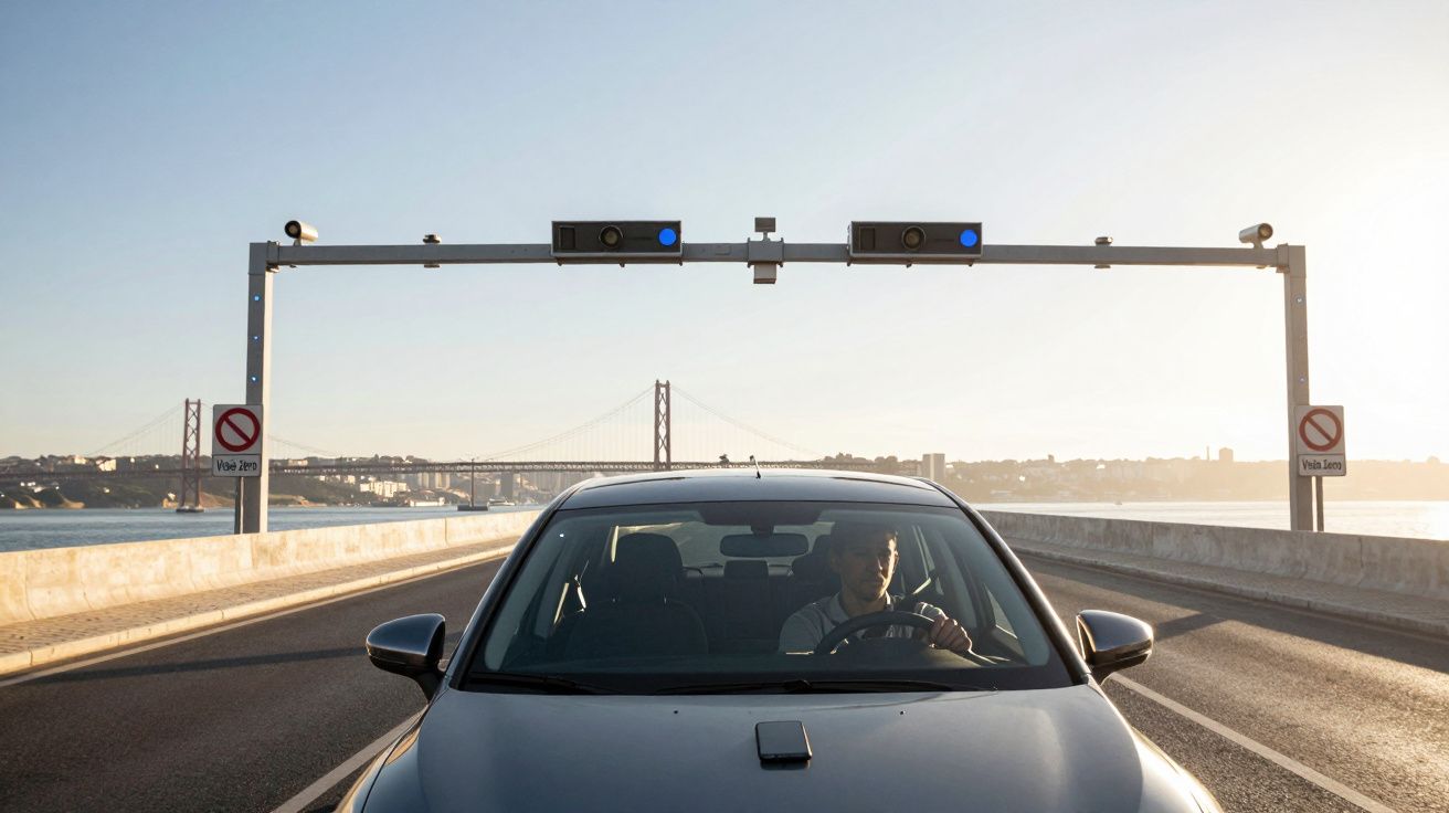 Carro cinzento com motorista numa ponte com sistema de portagem eletrónica ao entardecer.