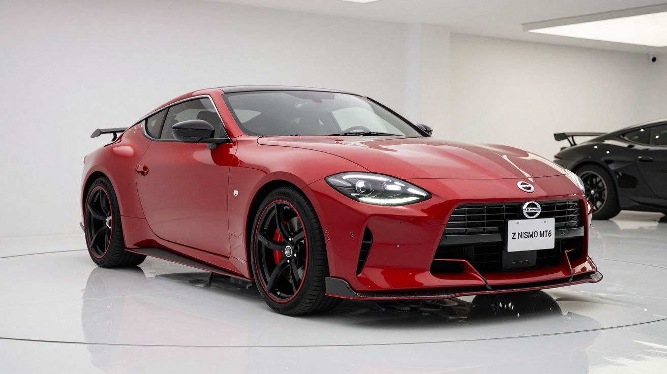 Carro desportivo Nissan Z Nismo MT6 vermelho em exposição num chão branco polido.