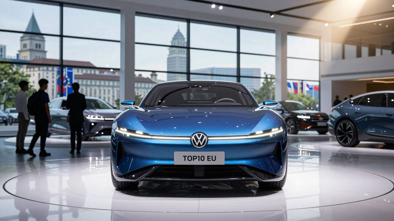 Carro elétrico azul Volkswagen em exposição numa sala moderna com grandes janelas e pessoas ao fundo.