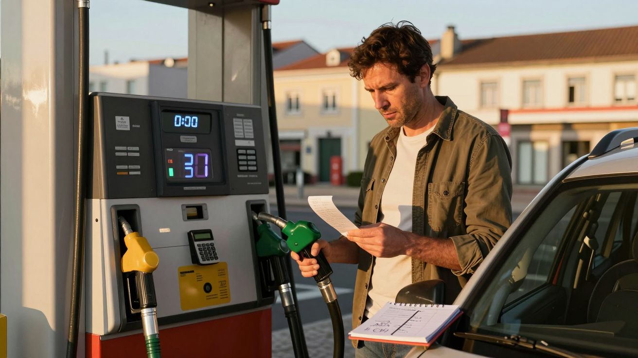 Homem num posto de gasolina a segurar a bomba de gasóleo e a ler um recibo, ao lado de um carro preto.