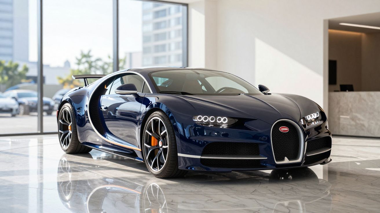 Carro desportivo Bugatti Chiron azul escuro estacionado num espaço interior com chão de mármore.