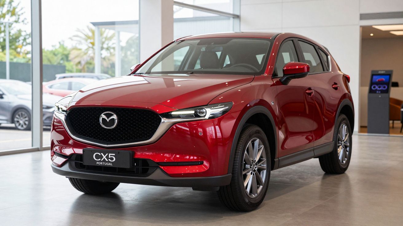 Carro vermelho Mazda CX-5 exposto numa sala de showroom moderna com janelas amplas.