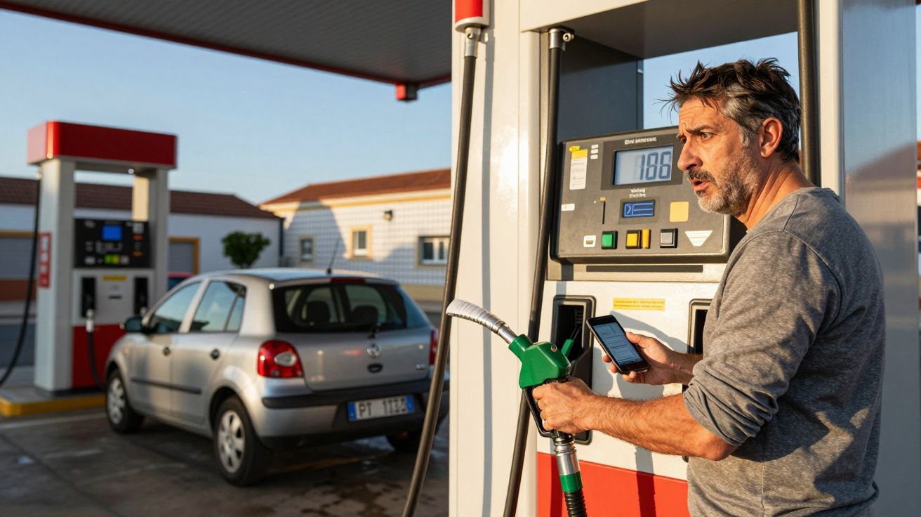 Homem com casaco cinzento a abastecer carro prateado numa bomba de combustível ao pôr do sol.