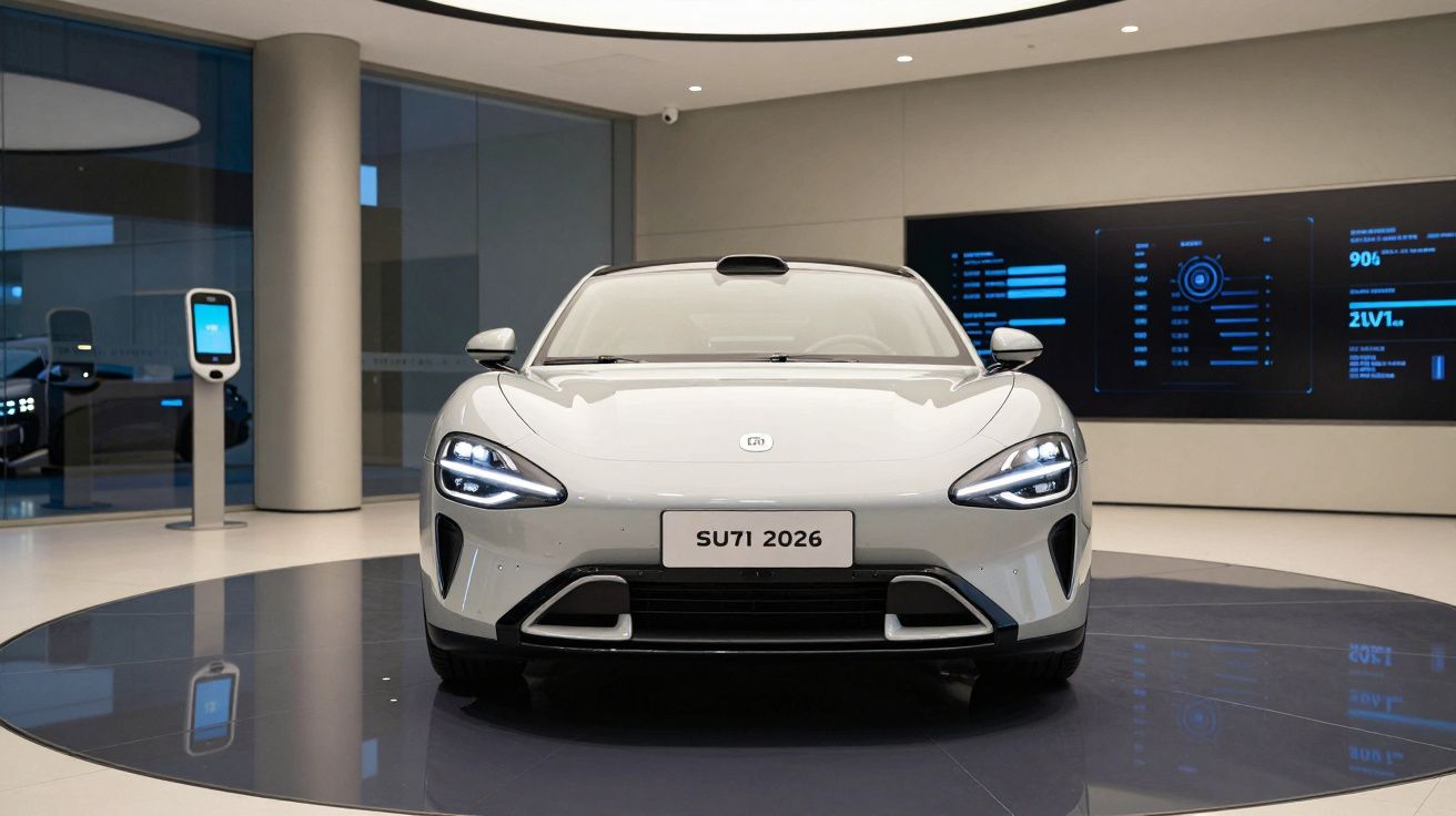 Carro elétrico branco modelo SU71 2026 exibido em sala moderna com ecrãs digitais ao fundo.