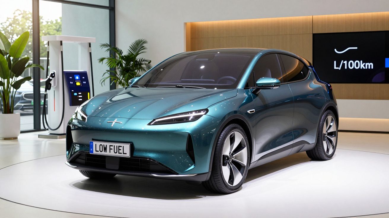 Carro elétrico moderno azul num espaço interior com estação de carregamento e painel a mostrar consumo litros por 100 km.