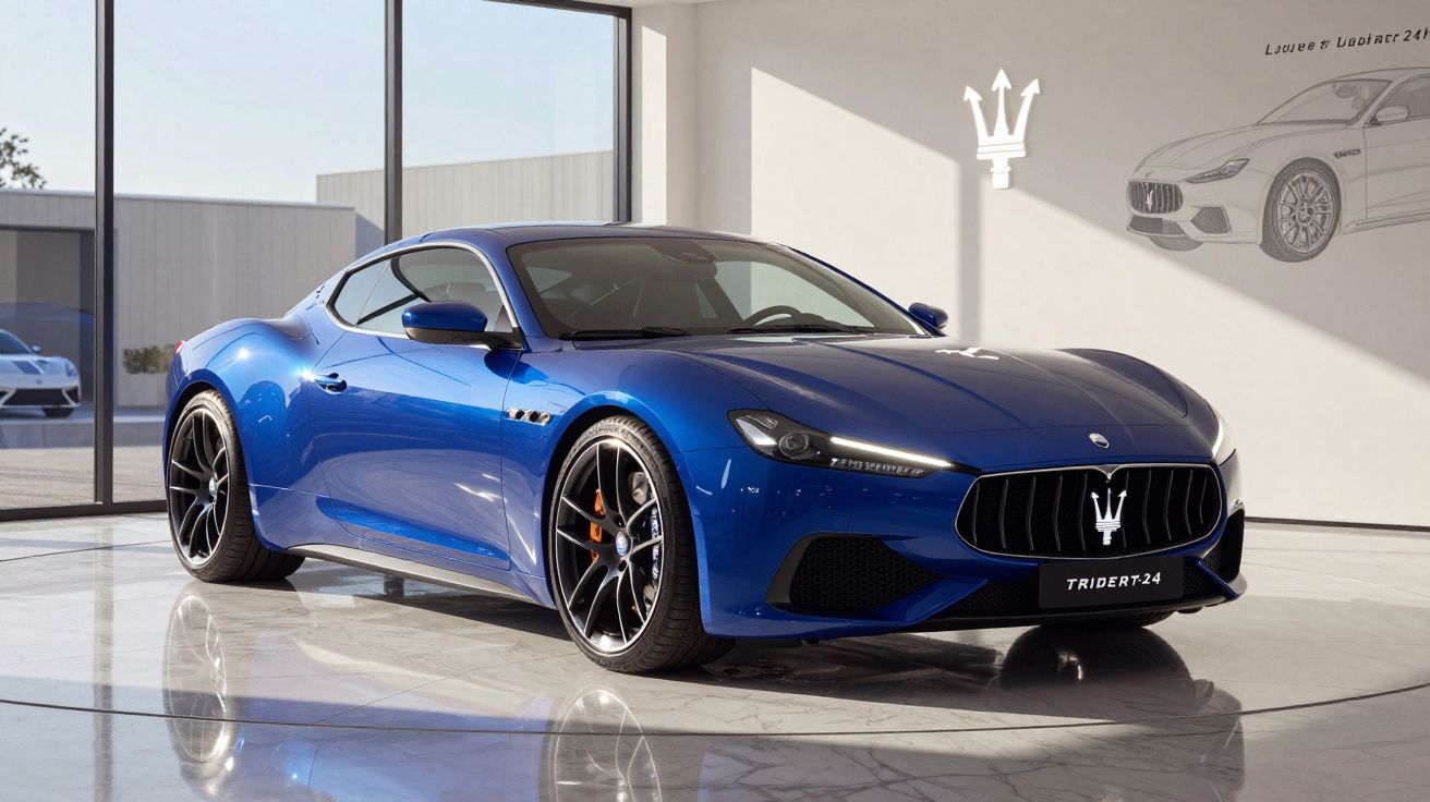 Carro desportivo Maserati azul estacionado em showroom com chão refletor e logotipo da marca na parede.