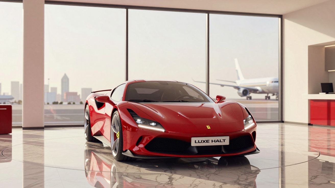 Carro desportivo vermelho Ferrari estacionado em showroom com aviões visíveis através de grandes janelas.