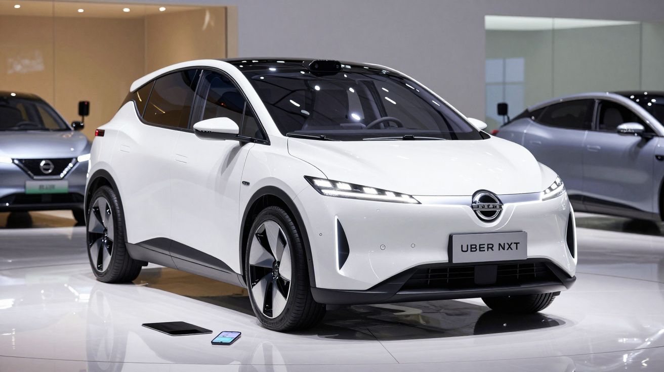 Carro elétrico branco Nissan UBER NXT com design moderno exibido numa feira automóvel.