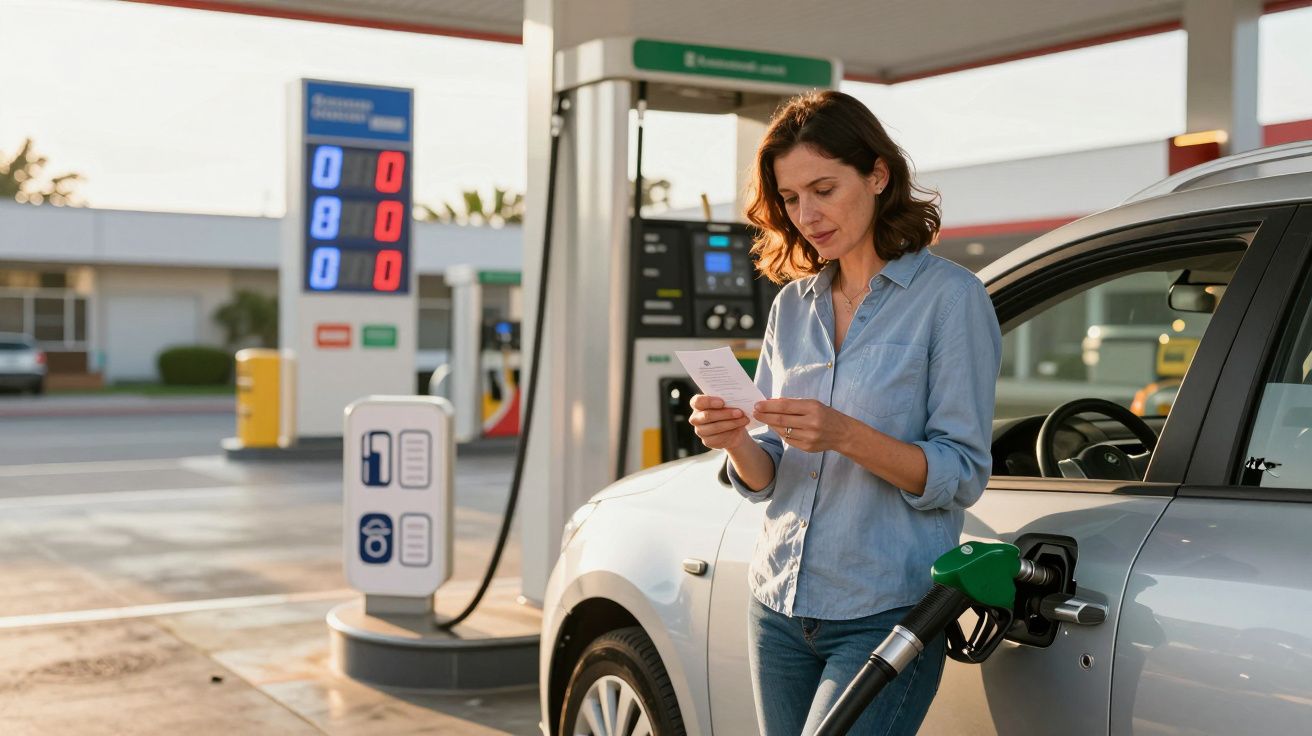 Mulher a encher o carro com combustível numa bomba de gasolina, lendo um papel na mão.