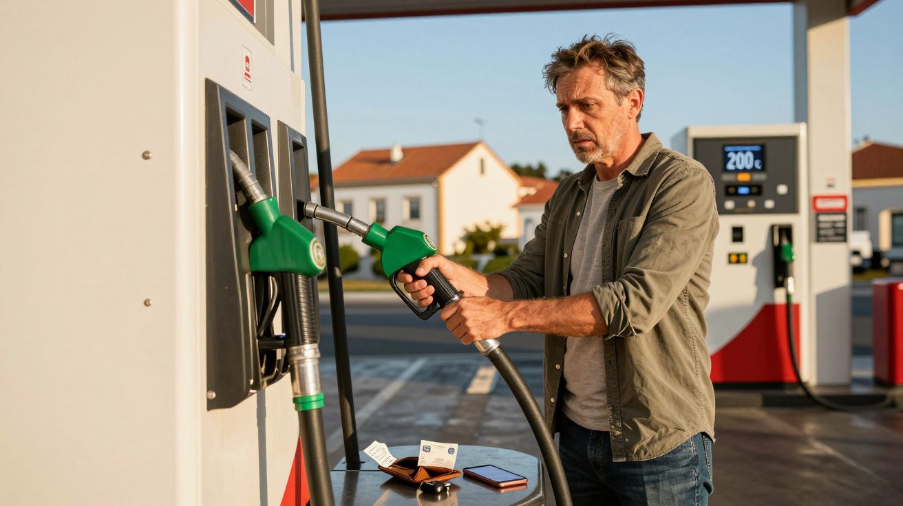 Homem a abastecer carro numa bomba de gasolina num posto de combustível ao ar livre.