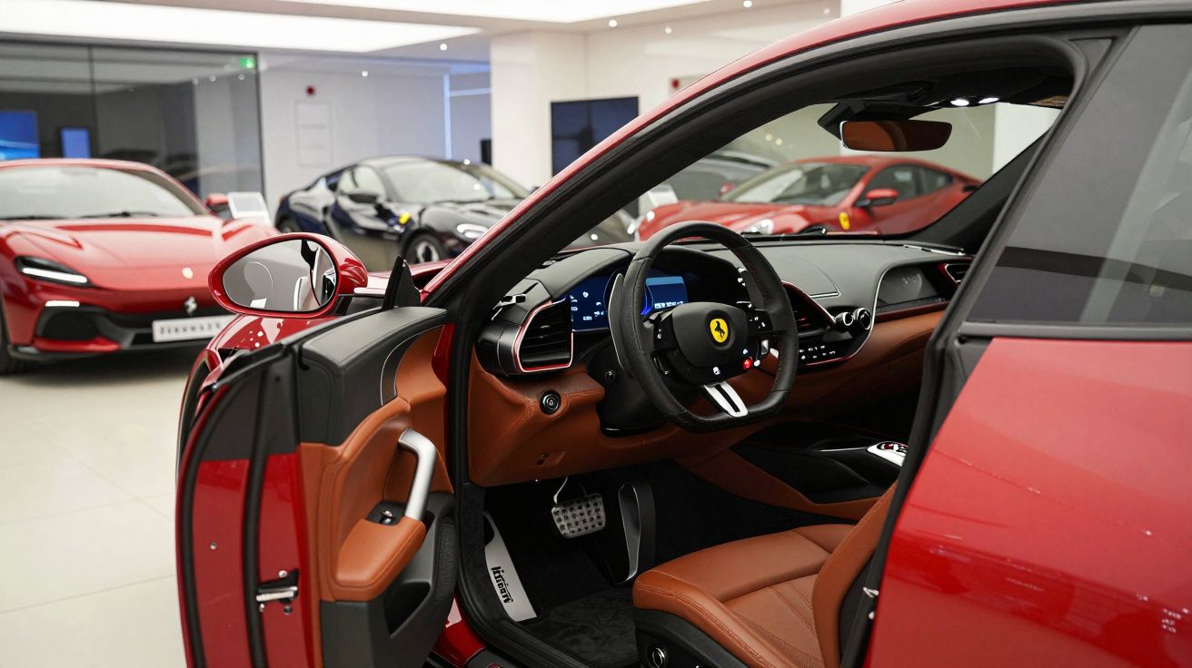 Interior de carro desportivo vermelho com estofos castanhos dentro de showroom com outros carros desportivos.