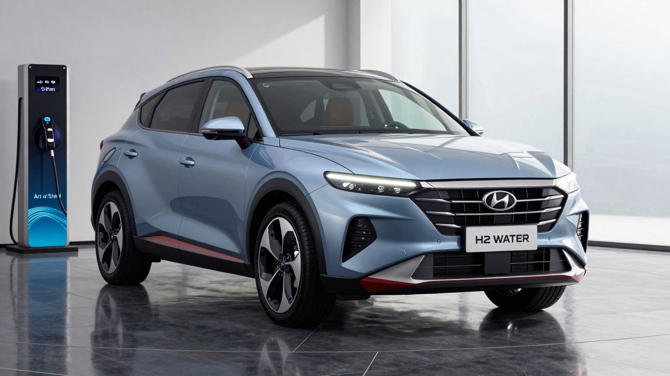 Carro elétrico Hyundai H2 Water azul estacionado junto a posto de carregamento interior.