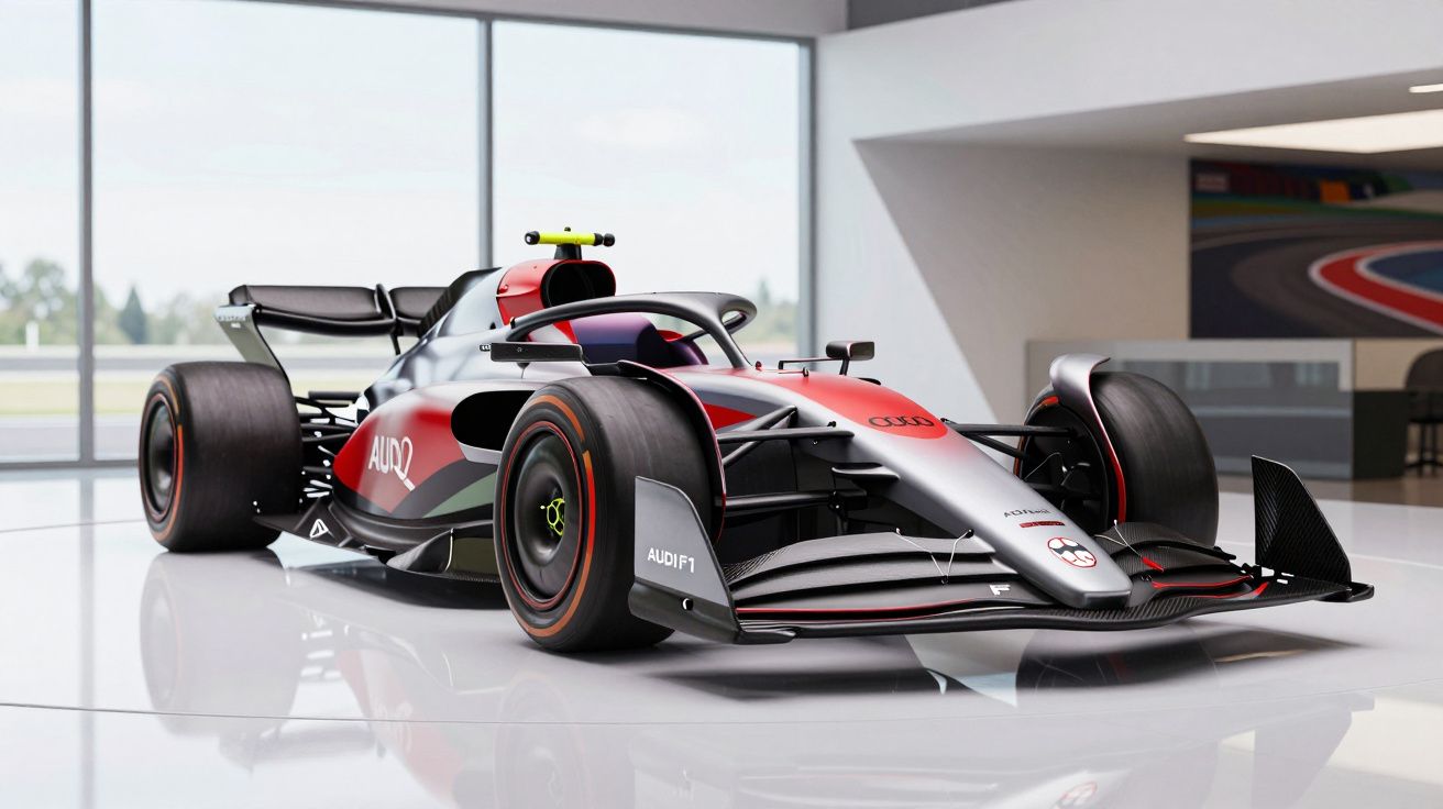 Carro de Fórmula 1 da Audi vermelho e cinza em sala de exposição moderna com chão espelhado.