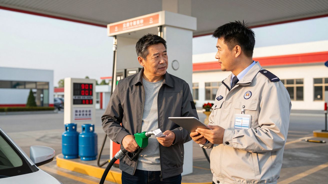 Homem com fato cinzento fala com funcionário que segura um tablet numa estação de serviço.