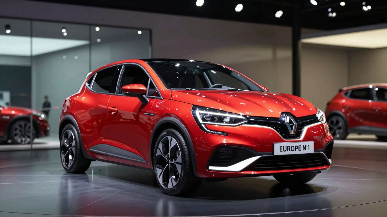 Carro Renault vermelho exposto num salão automóvel com luzes no teto e piso cinzento reflexivo.