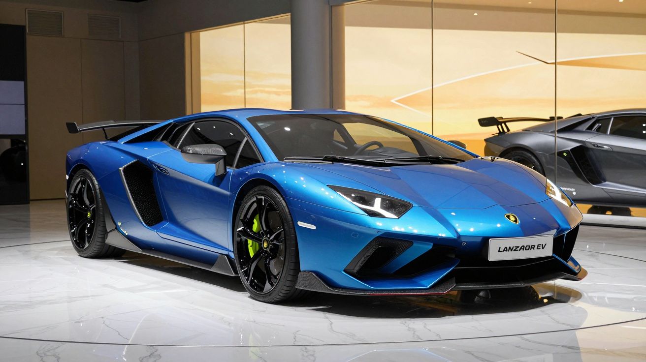 Carro desportivo azul Lamborghini Lanzaor EV em exposição num espaço interior moderno.