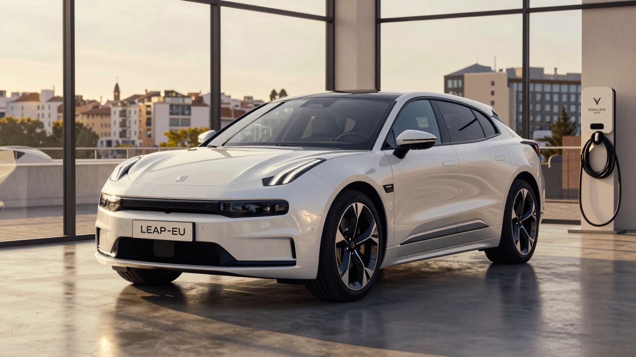 Carro elétrico branco estacionado em garagem moderna com carregador na parede e vista urbana ao fundo.