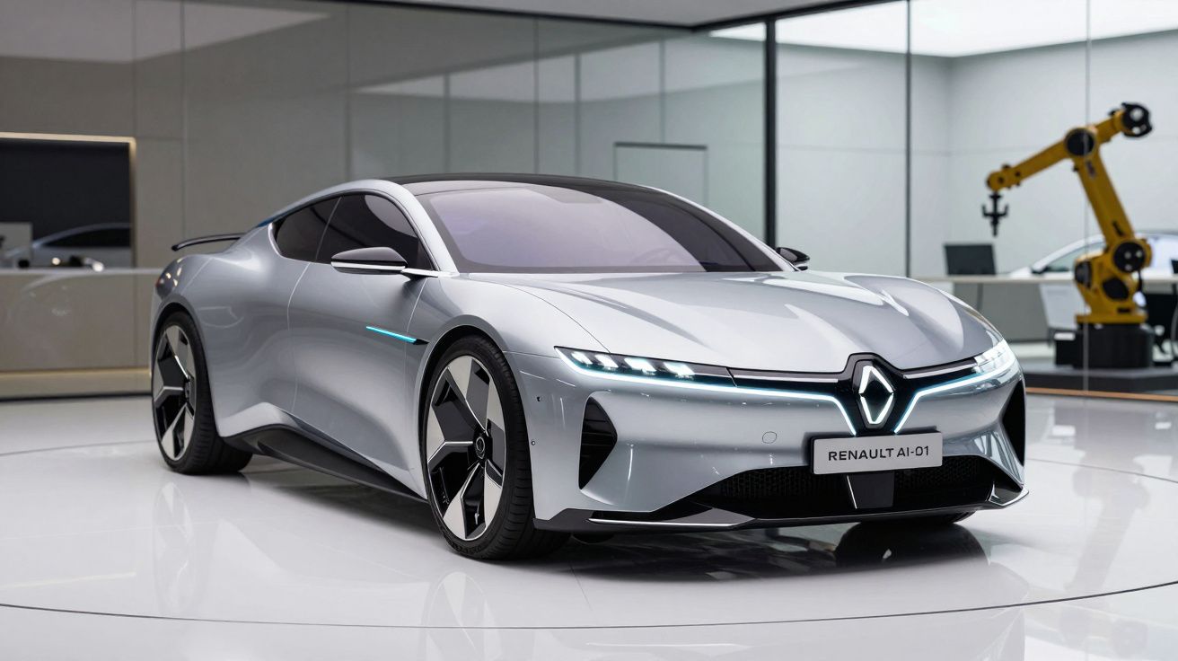 Carro desportivo elétrico Renault AI-01 prateado num estúdio moderno com robô industrial ao fundo.