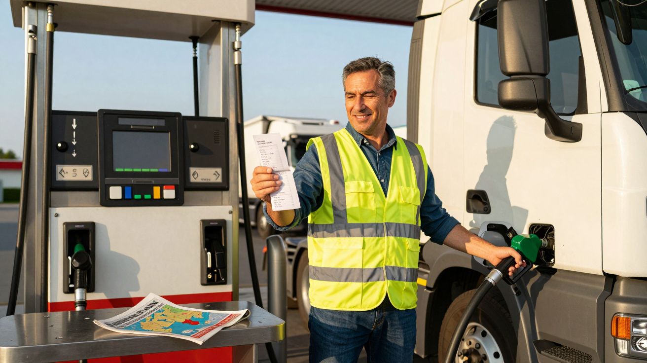 Homem vestindo colete refletor verde abastece camião e segura comprovativo num posto de combustível.