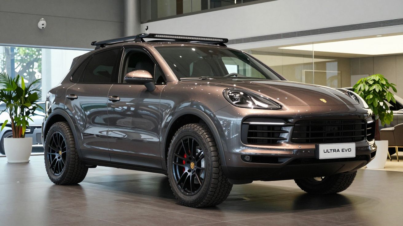 SUV cinzento Porsche Ultra Evo estacionado em showroom moderno com plantas ao fundo.