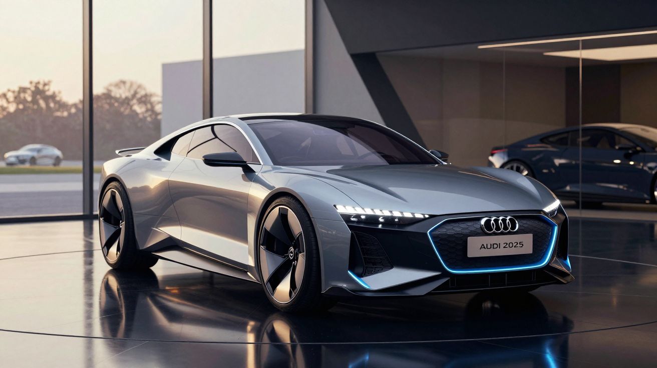 Carro desportivo Audi futurista prateado exposto numa sala moderna com grandes janelas e reflexos no chão.