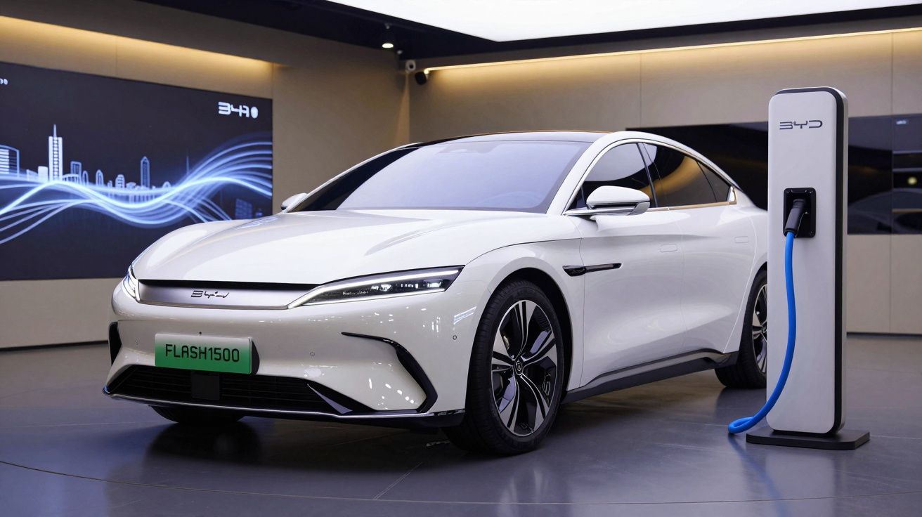 Carro elétrico branco BYD Flash 1500 a carregar numa estação de carregamento interior moderna.