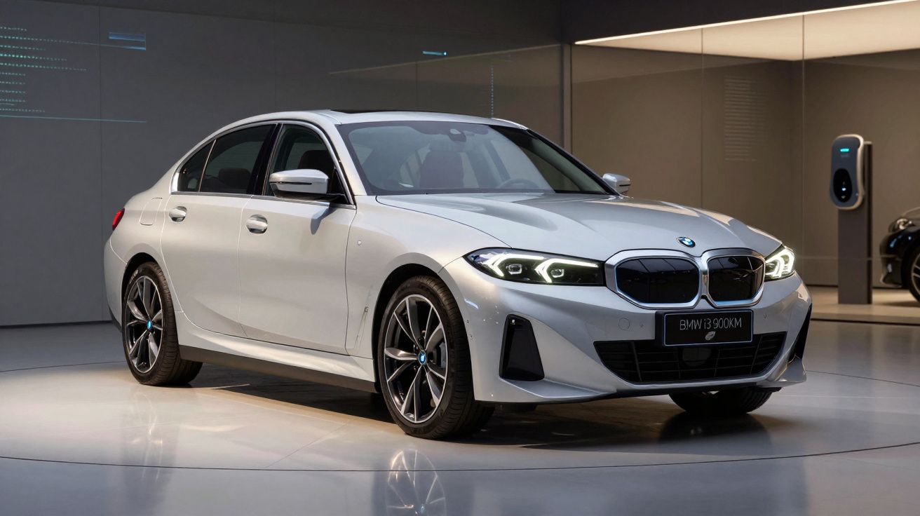 Carro BMW i3 900KM elétrico branco em exposição moderna com luzes dianteiras acesas.