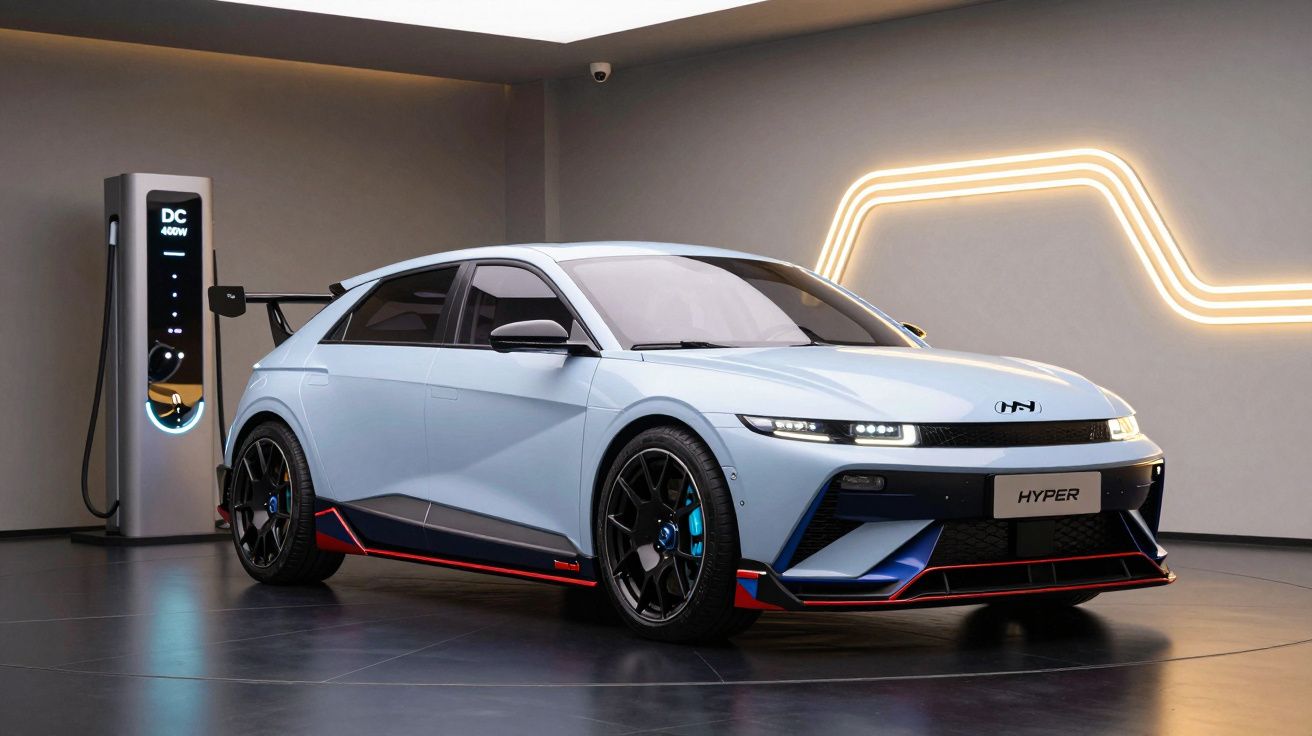 Carro elétrico desportivo cinzento claro a carregar numa estação de carregamento interior moderna.