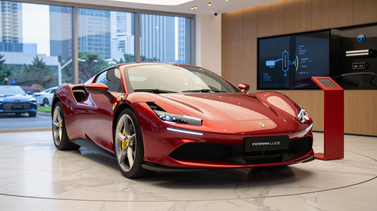 Carro desportivo Ferrari vermelho exposto em showroom moderno com janelas amplas e edifícios ao fundo.
