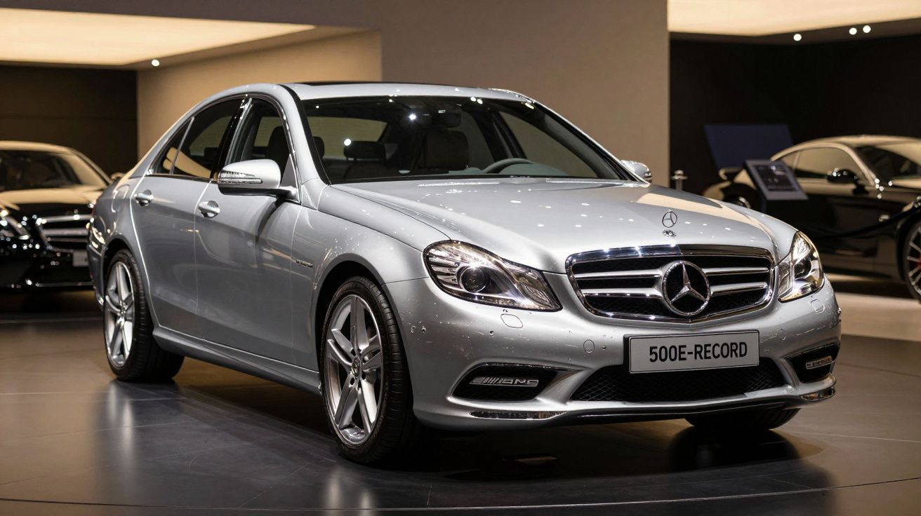 Mercedes-Benz prata estacionado num showroom com iluminação interior moderna.