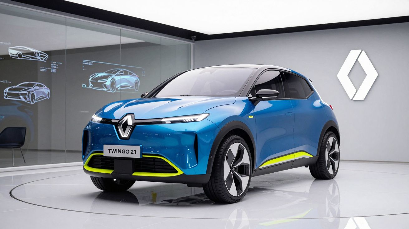 Carro elétrico azul Renault Twingo 21 exposto em estúdio com logotipo Renault ao fundo.