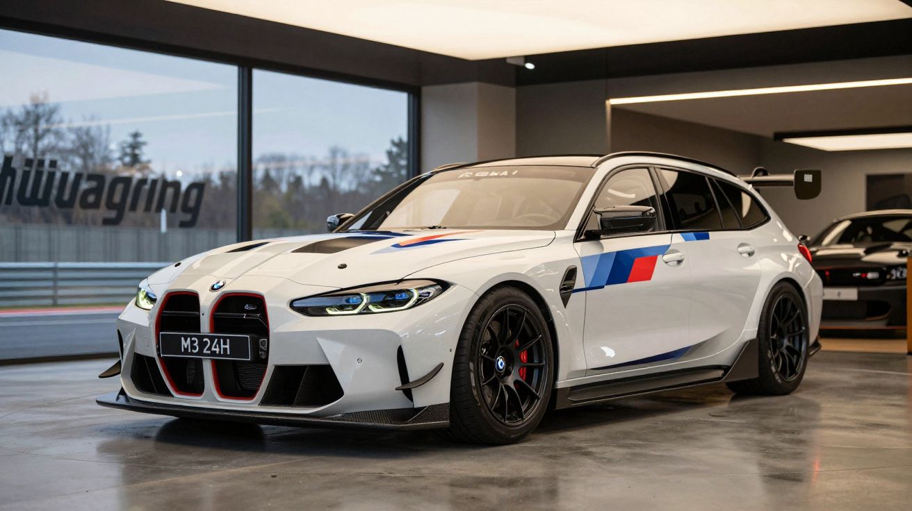 BMW M3 Touring branco com detalhes em azul e vermelho estacionado em garagem moderna com piso cinza.