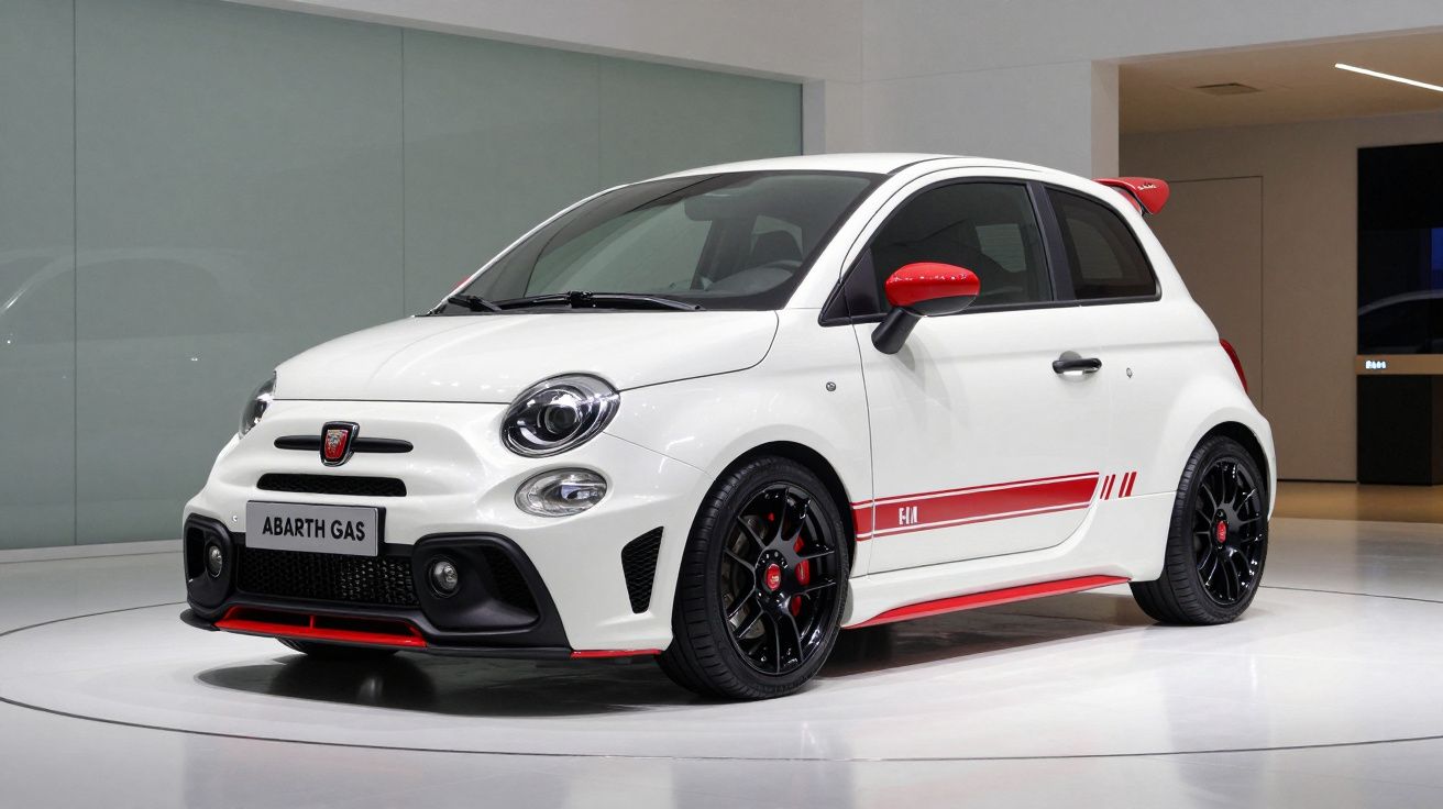 Carro desportivo compacto branco com detalhes vermelhos e jantes negras exposto em ambiente moderno e iluminado.