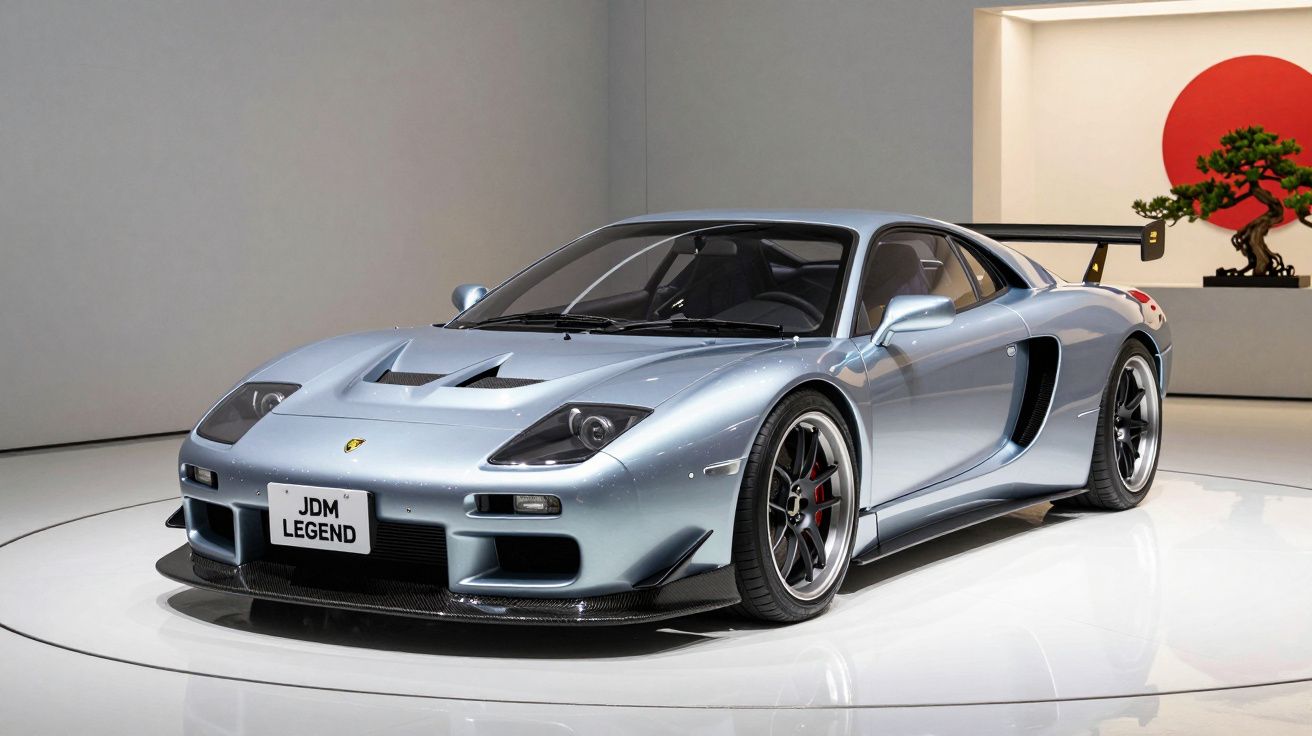 Carro desportivo prateado com licença "JDM LEGEND" exposto numa sala moderna com decoração japonesa.