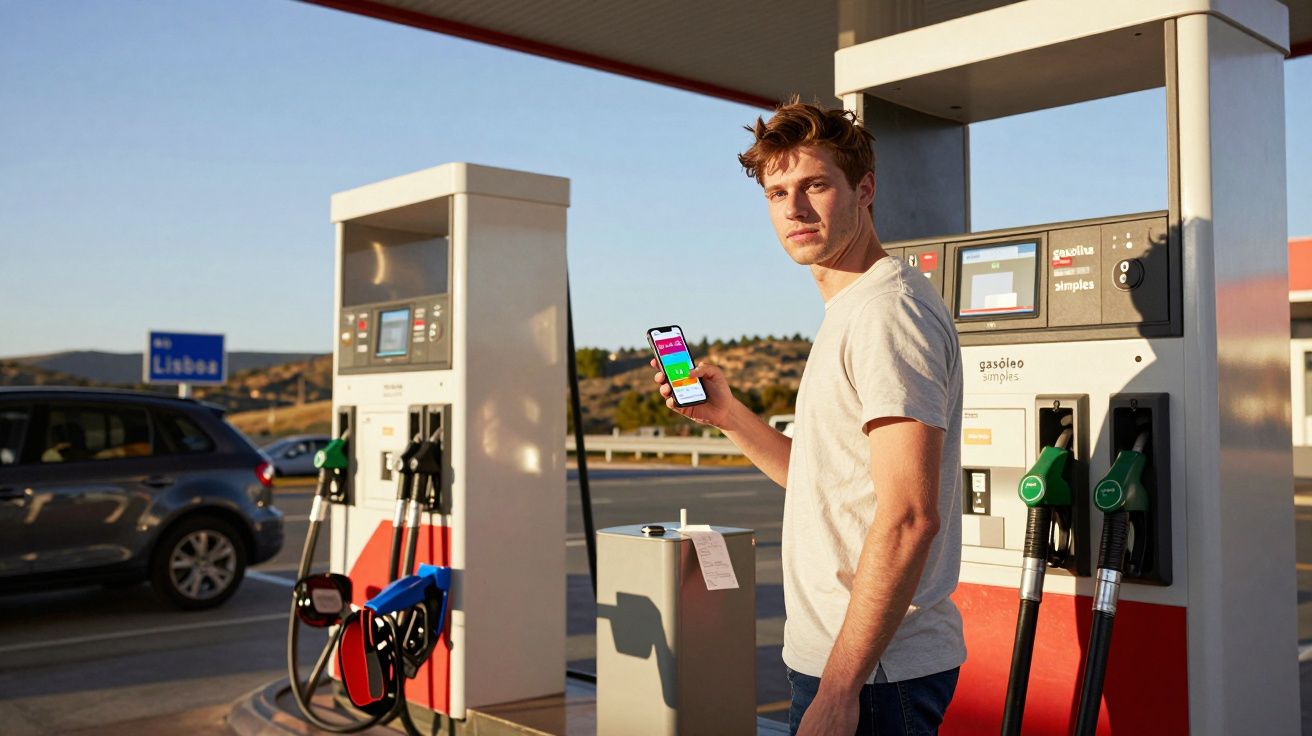 Homem numa estação de serviço a usar um smartphone junto a bombas de combustível ao entardecer.