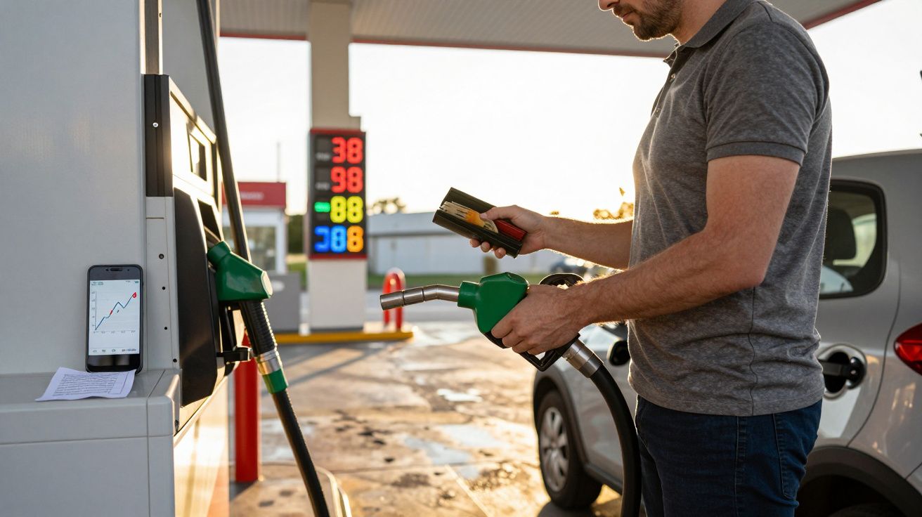 Homem com cartão de pagamento ao abastecer carro numa bomba de gasolina ao pôr do sol.