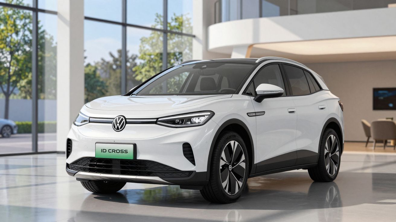 Carro eléctrico branco Volkswagen ID. Cross estacionado numa sala moderna com janelas grandes.