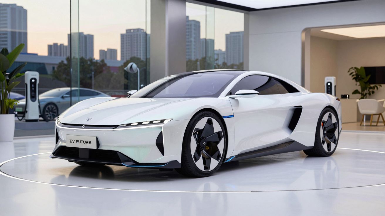 Carro elétrico desportivo branco exposto em showroom moderno com vidros panorâmicos e vista urbana ao fundo.