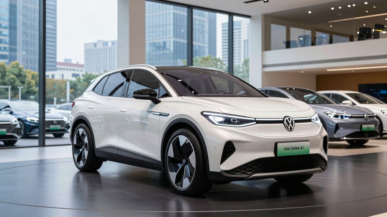 Carro elétrico branco Volkswagen ID.4 em exposição numa sala moderna com janelas grandes.