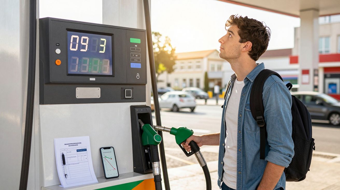 Homem com mochila abastece carro numa bomba de combustível ao ar livre ao entardecer.