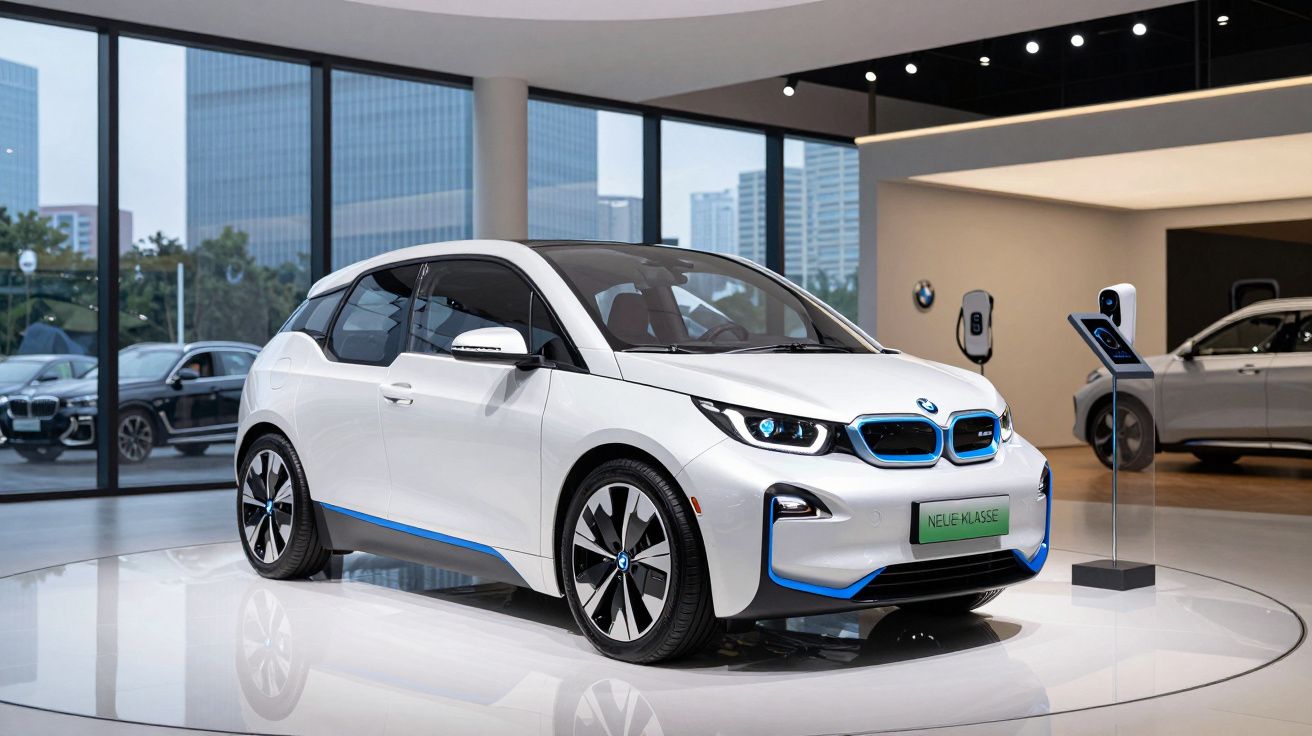 Carro elétrico BMW branco em exposição moderna com janelas grandes e outros veículos ao fundo.